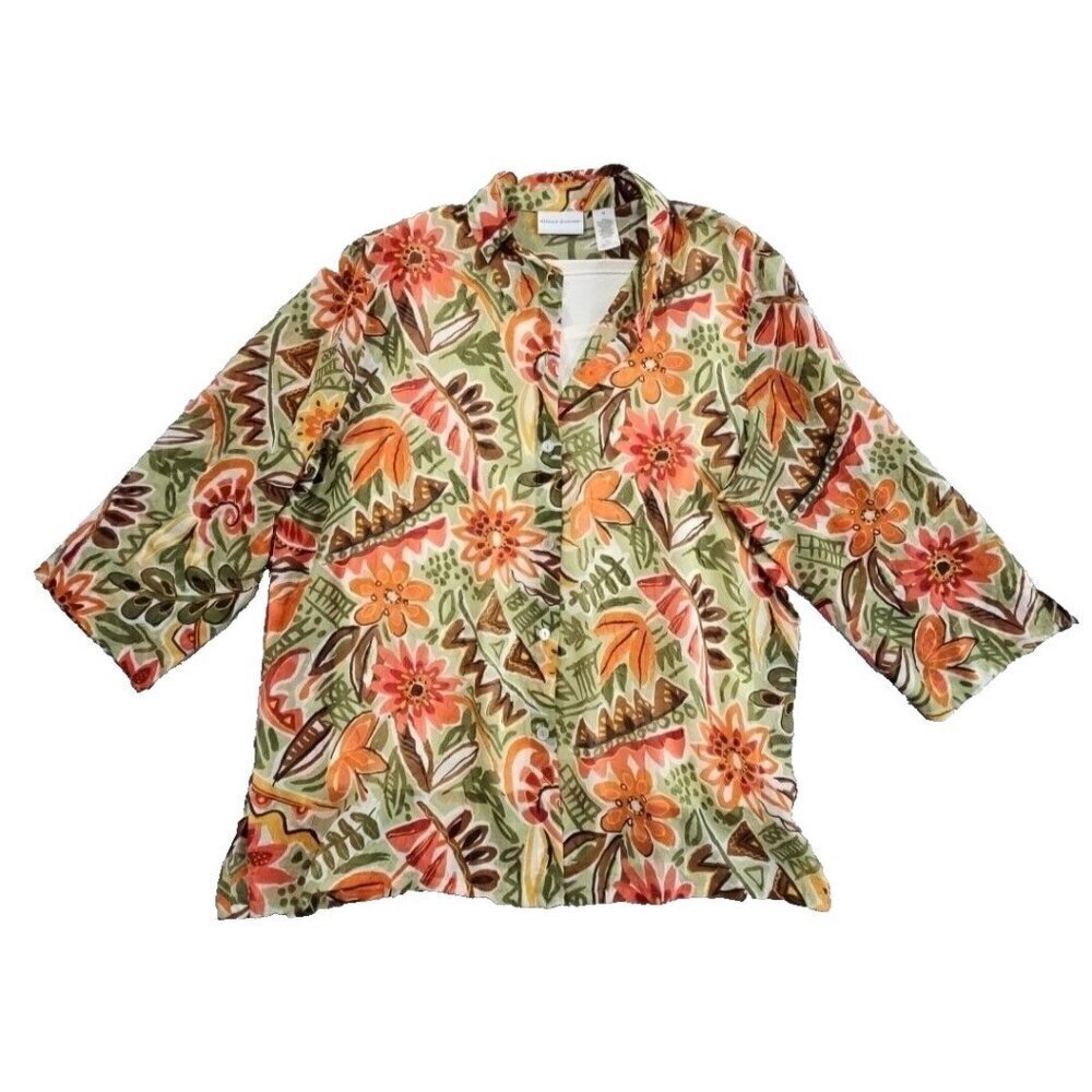 Alfred Dunner Top Women's 18‎ Green Orange Floral Fall Leaves Button 2 Piece Set